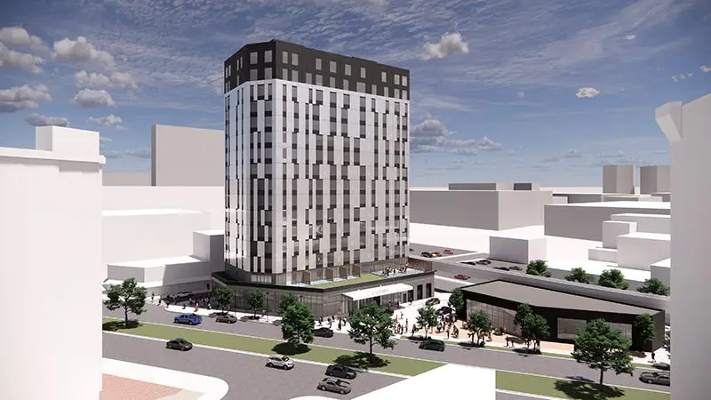 Render - View of Exchange Detroit from across Gratiot Avenue