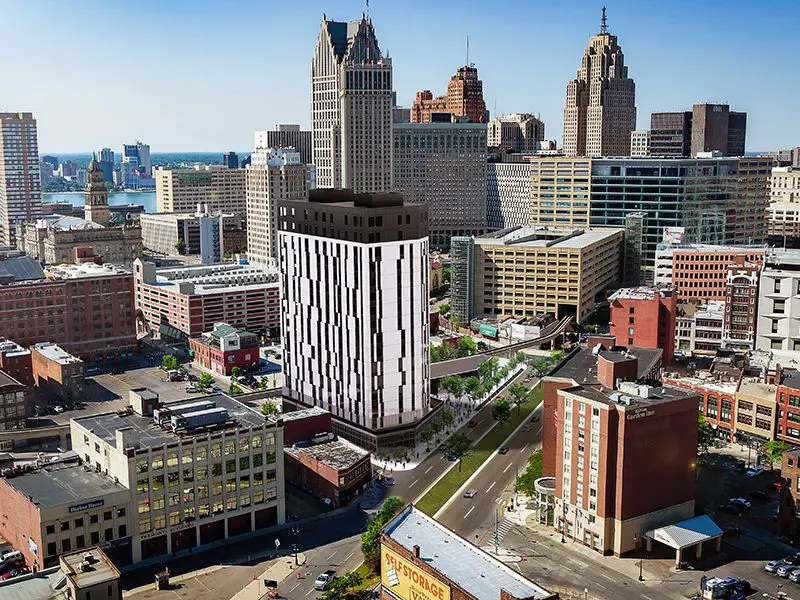 View of Exchange Detroit with city backdrop, Render